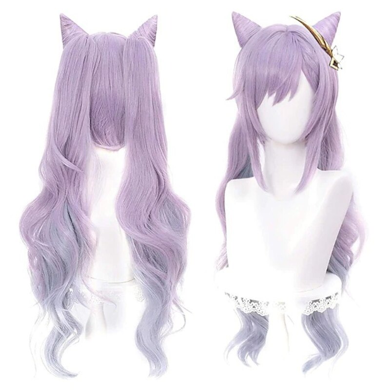 Genshin Impact Wigs Keqing Cosplay Purple Long Curly Ponytails Ears Horns Pigtails Heat Resistant Women Halloween Fr